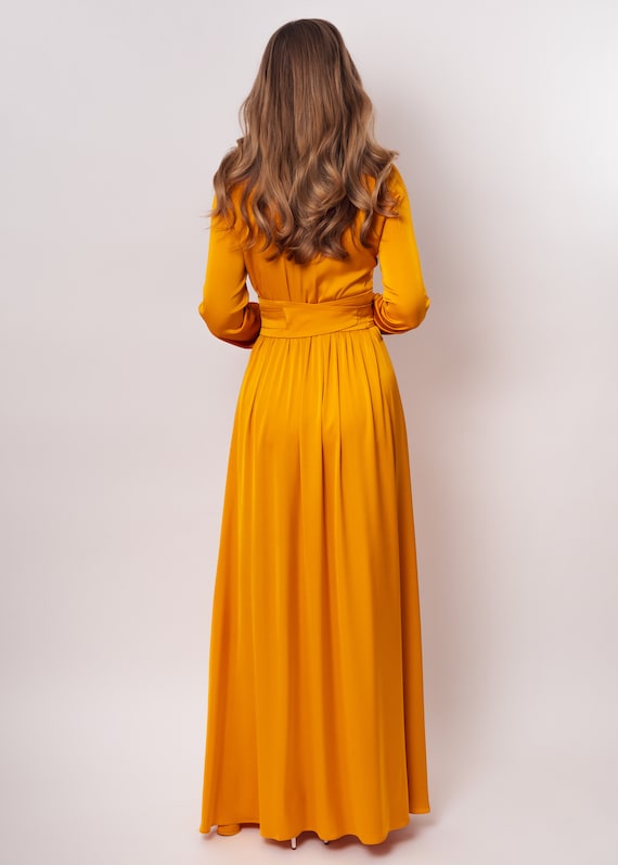 Gold Silk Dress with Belt, Long Slit Dress, Bridesmaid Dress, Wedding Guest Dress, Maxi Dress, Evening Dress, Formal Dress