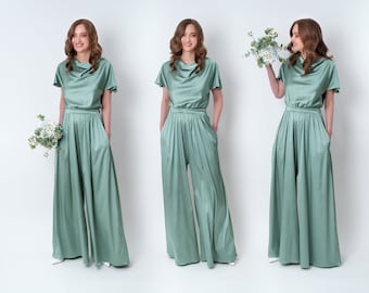 Sage green silk jumpsuit, silk jumpsuit, bridesmaid jumpsuit, wedding guest jumpsuit, evening jumpsuit, bridesmaid dress, cocktail dress