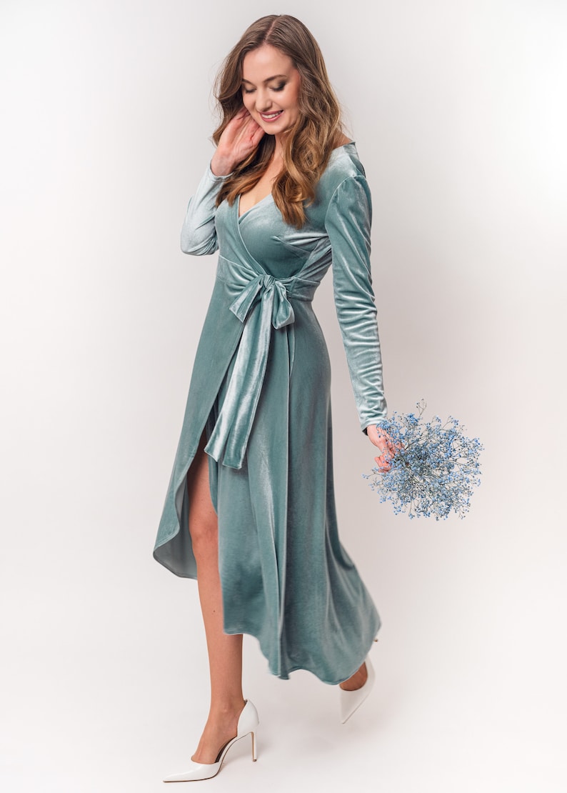 Dusty Blue Velvet Wrap Dress Evening Dress Bridesmaid Velvet Etsy