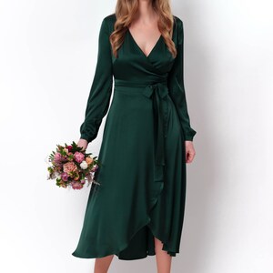 Ireland Silky Faux Wrap Dress Forest Green