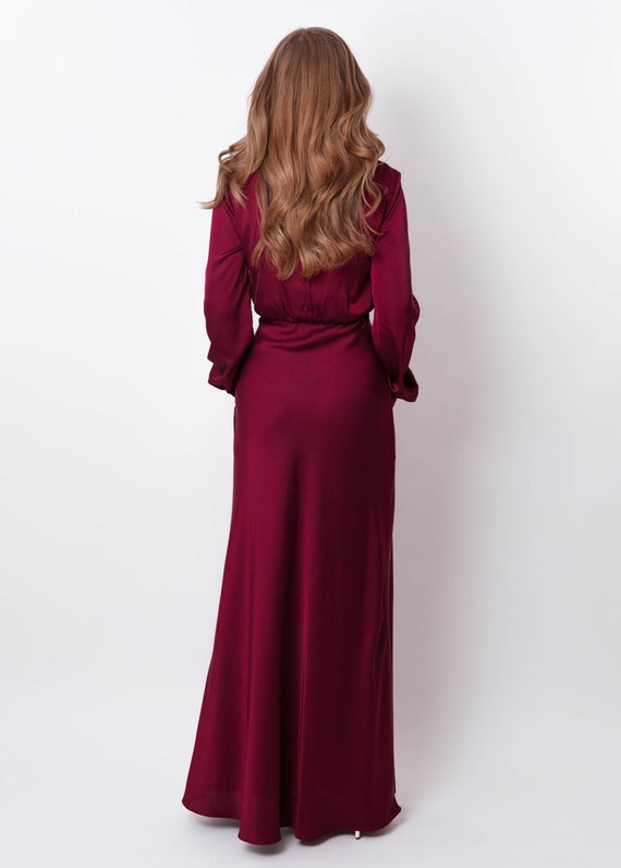chinese dress ladies A-Line V-Neck Long Sleeves Burgundy Prom Dress with Appliques PG677 US16 / Burgundy