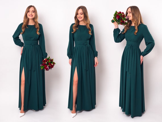 emerald green cocktail dress with wide belt Dark green long slit dress with belt, bridesmaid dress, cocktail dress, wedding guest dress, maxi party dress, formal dress, prom dress