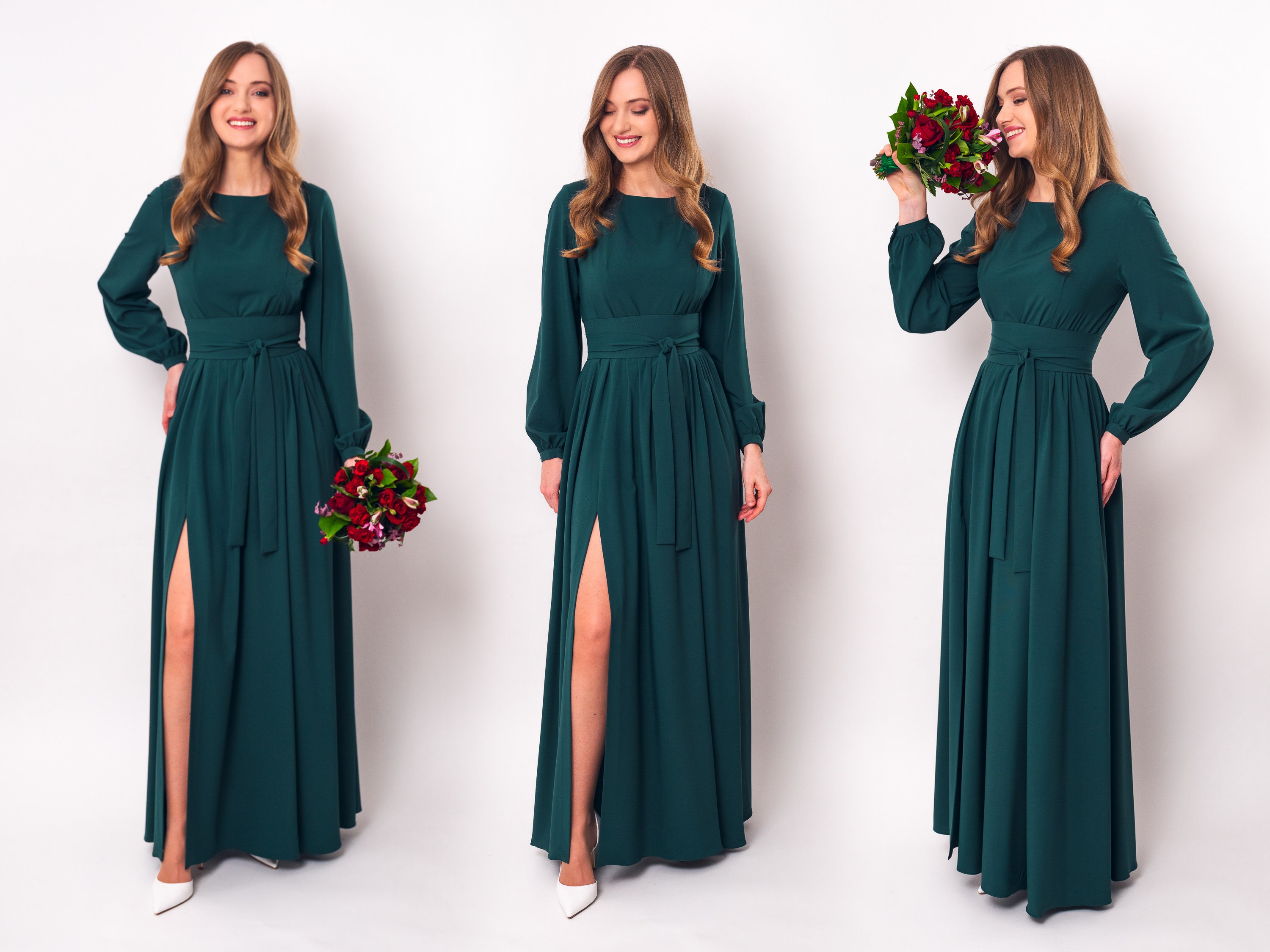 Dark Green Long Slit Dress with Belt, Bridesmaid Dress, Cocktail Dress, Wedding Guest Dress, Maxi Party Dress, Formal Dress, Prom Dress