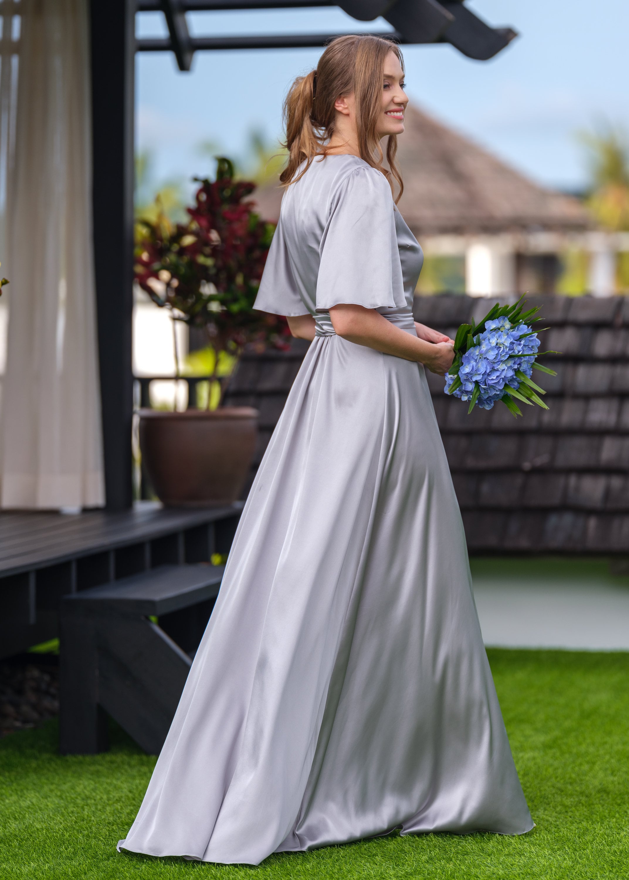 grey satin wrap dress Grey Silk Wrap Dress with Flutter Sleeve & Pleated Skirt