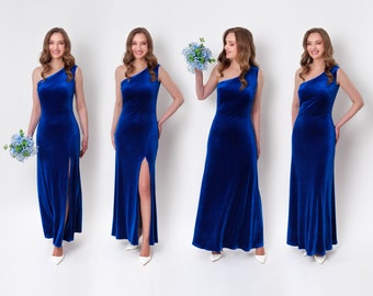 Royal blue velvet long dress, one shoulder dress, slit velvet dress, bridesmaid velvet dress, wedding guest dress, evening dress