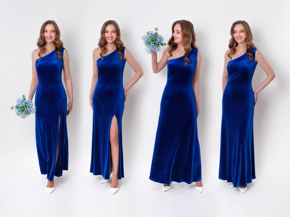 Royal Blue Velvet Long Dress, One Shoulder Dress, Slit Velvet Dress,  Bridesmaid Velvet Dress, Wedding Guest Dress, Evening Dress 