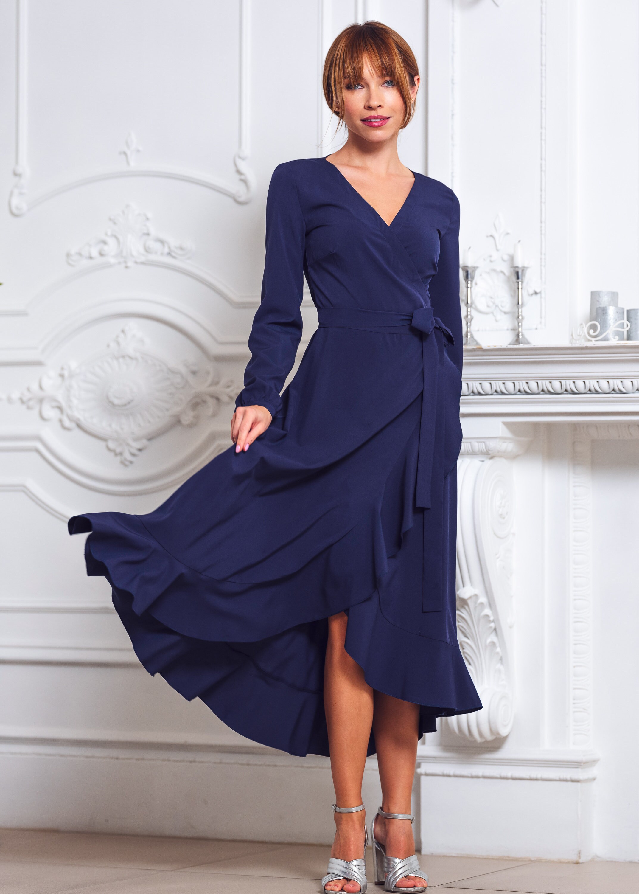 Navy Blue Long Wrap Dress, Bridesmaid Dress, Cocktail Dress, Wedding Guest Dress, Party Dress, Formal Dress, Prom Dress, Evening Dress