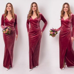 Dusty rose long wrap velvet bodycon dress, bridesmaid velvet dress, wedding guest dress, velvet pencil dress, New Year dress, maxi dress