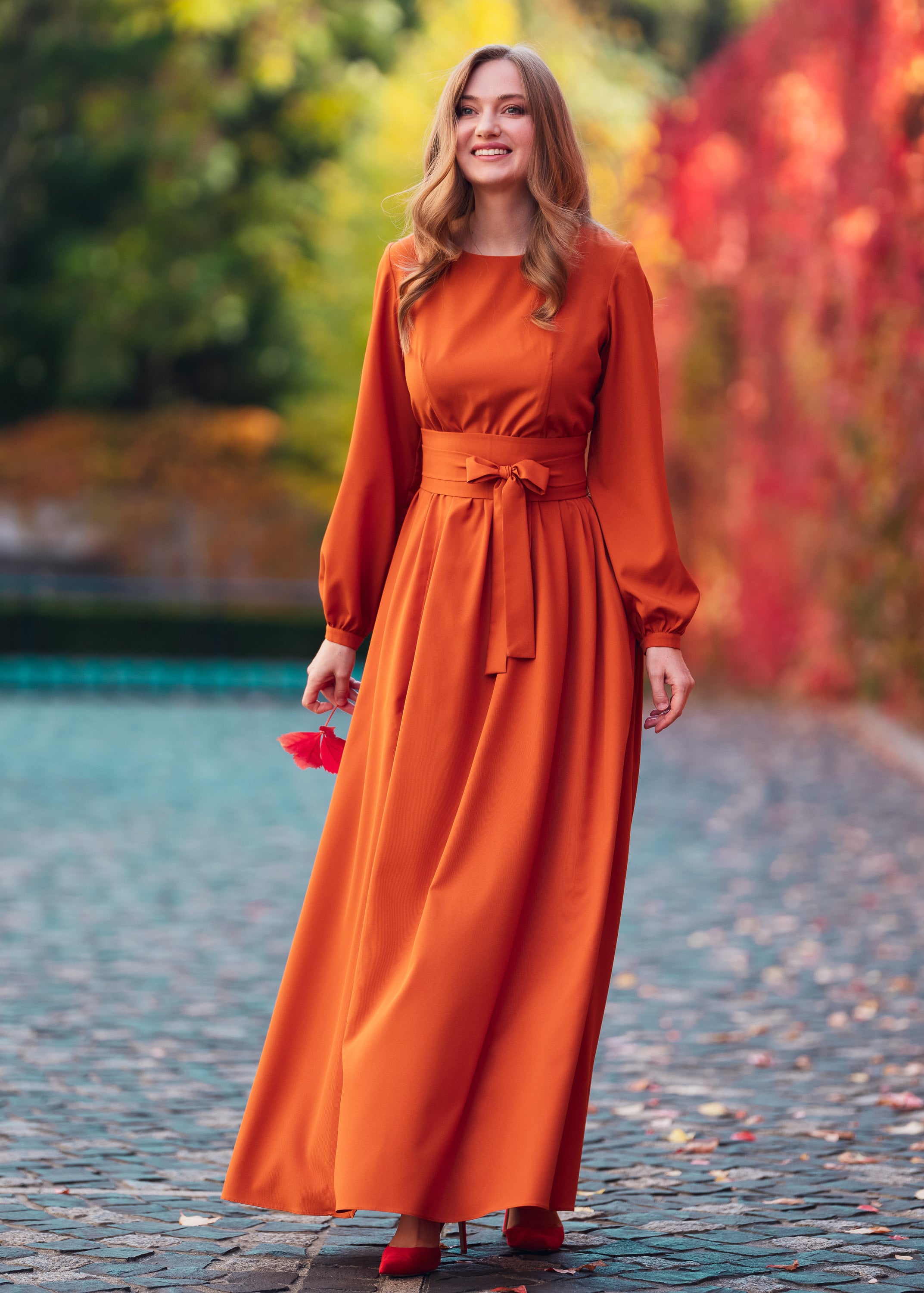 Rust Orange Maxi Slit Dress with Long Sleeves and Belt: Autumn wedding, Fall photoshoots, Plus size