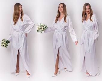 White long silk robe, bride robe, bridesmaid robe, luxury silk robe, wedding robe, kimono robe, dressing gown, bridal party robe