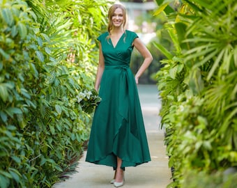 Emerald green silk dress, silk dress, wrap dress, bridesmaid dress, wedding guest dress, women dress, evening dress, long dress
