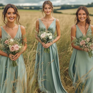 May include: Three women in sage green V-neck dresses holding bouquets of flowers. The dresses have a flowing, satin-like texture. The bouquets feature pink and white roses, with greenery. The background is a field of tall, dry grass under a cloudy sky.