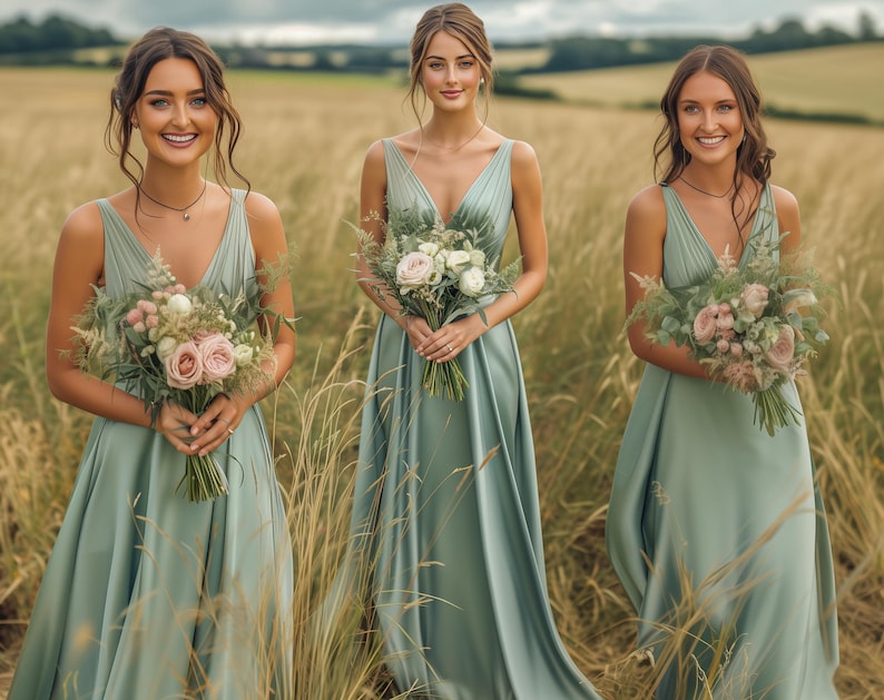 May include: Three women in sage green V-neck dresses holding bouquets of flowers. The dresses have a flowing, satin-like texture. The bouquets feature pink and white roses, with greenery. The background is a field of tall, dry grass under a cloudy sky.
