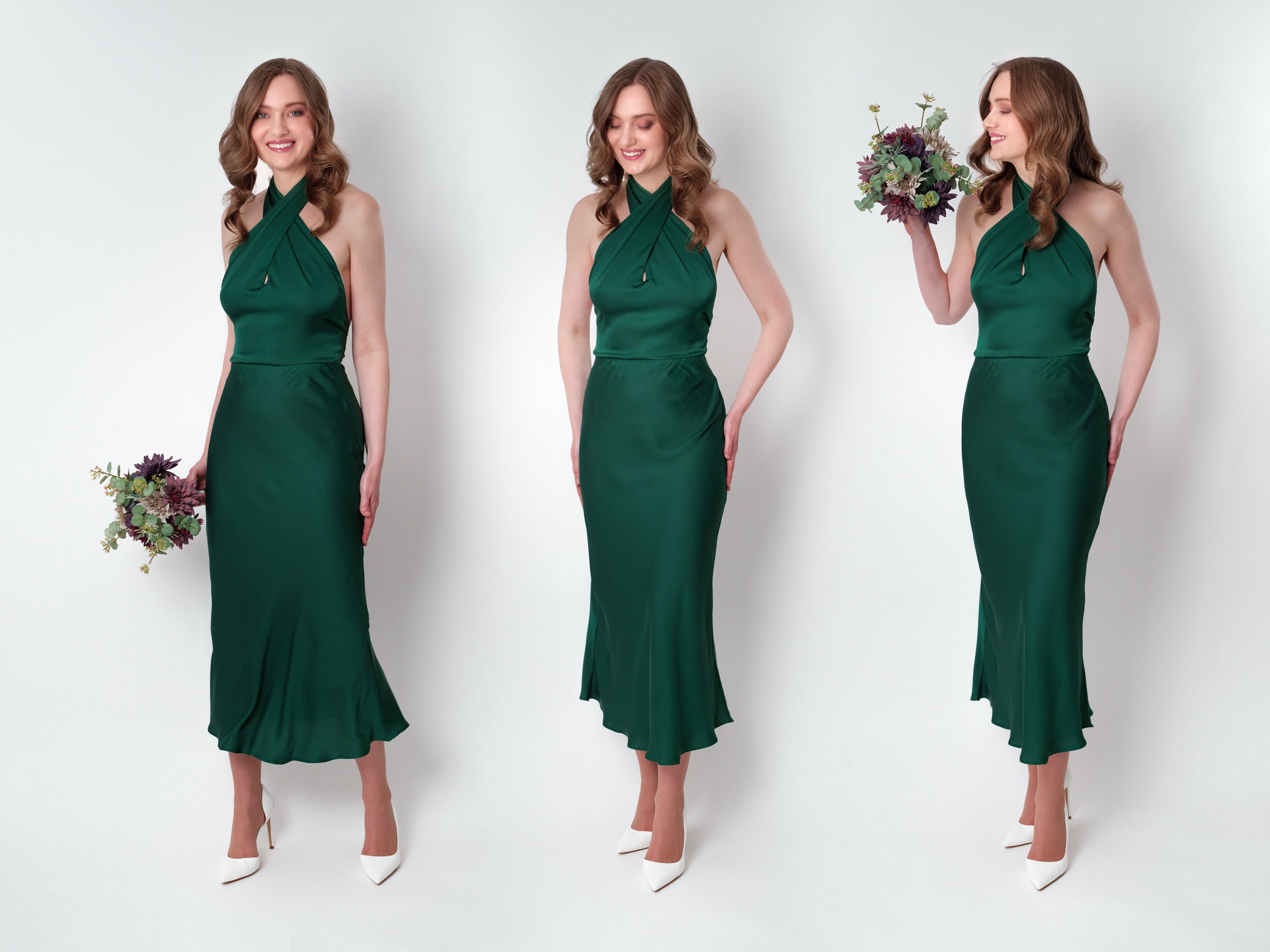 Dark green silk mid-calf halter dress, bridesmaid dress, wedding guest dress, evening dress, open back dress, bridal party attire Dark green silk mid-calf halter dress, bridesmaid dress, wedding guest dress, evening dress, open back dress, bridal party attire