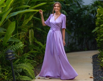 Lilac silk wrap dress, bridesmaid dress, wedding guest dress, silk satin dress, maxi dress, evening dress, long dress, formal dress