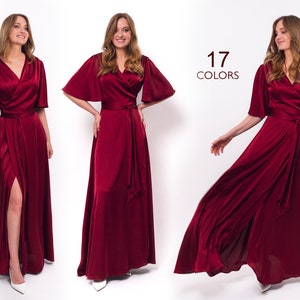 Burgundy dress, silk dress, wrap dress, bridesmaid dress, wedding guest dress, women dress, maxi dress, evening dress, long dress