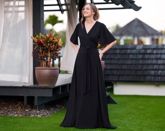 Black romantic wrap dress, bridesmaids dress, maxi dress, long dress, wedding guest dress, formal dress, evening summer dress