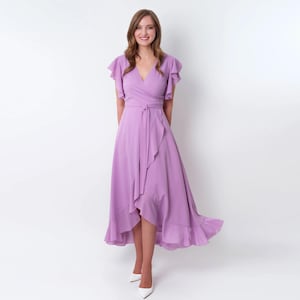 Lilac chiffon bridesmaid dress, wedding guest dress, bridesmaids dress, chiffon long wrap dress, evening dress, formal chiffon dress