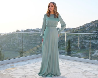 Sage green silk long dress - Long sleeve satin gown | Formal Wedding Guest, Bridesmaids, Holiday or Evening Wear