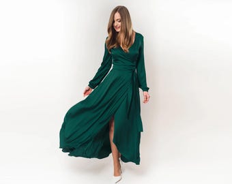 Dark green silk dress, silk dress, wrap dress, bridesmaid dress, wedding guest dress, women dress, maxi dress, evening dress, long dress