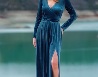 Dusty Blue velvet maxi dress: holiday gown with long sleeves and slit, Christmas Party, Fall Winter Wedding, Bridesmaid