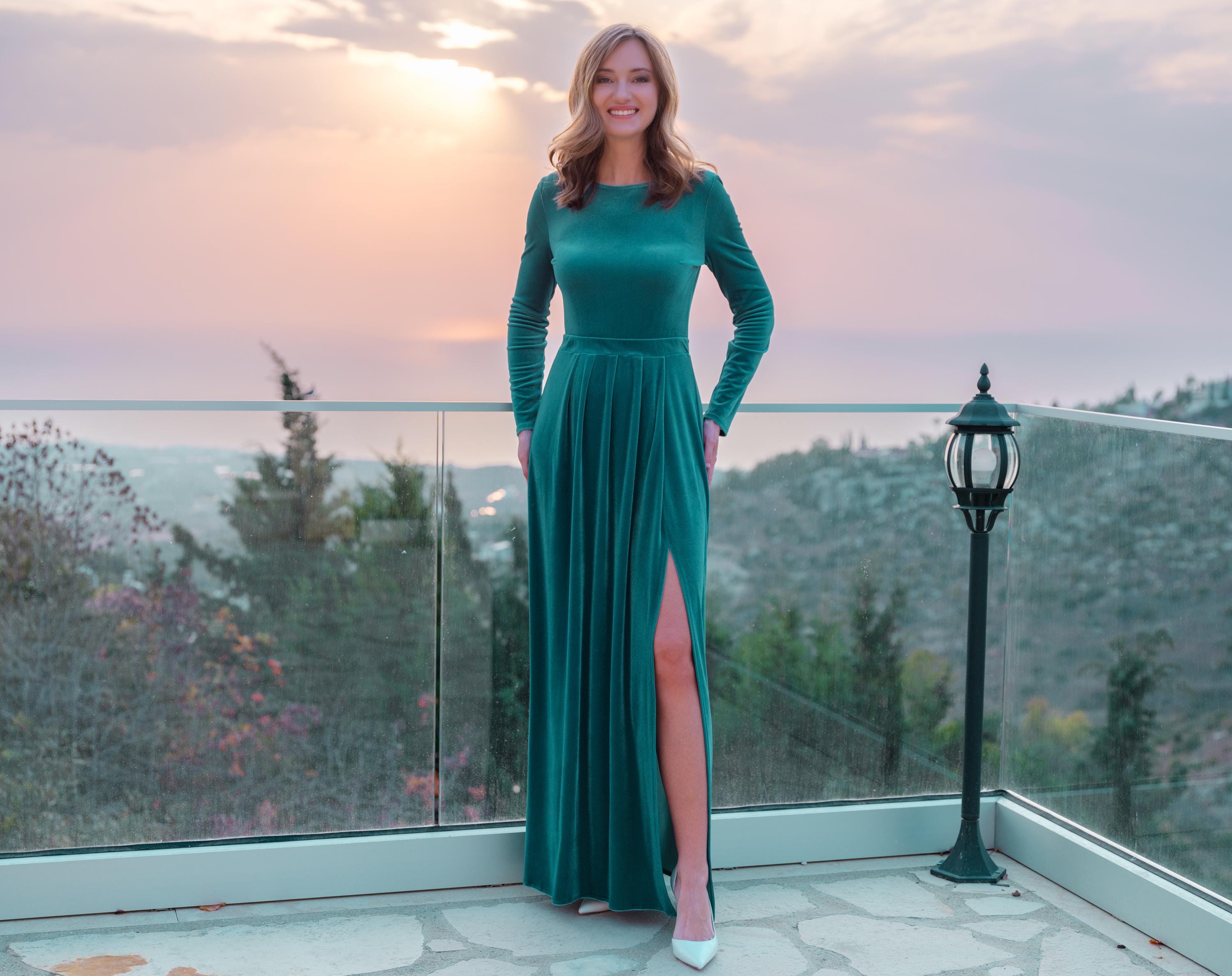 aqua blue velvet dress Maxi - Holiday Gown With Long Sleeves and Slit, Christmas, Fall or Winter Wedding, Bridesmaid Holiday parties and festive may-launch-2038 Allura - Dresser - Size:S (6-8)