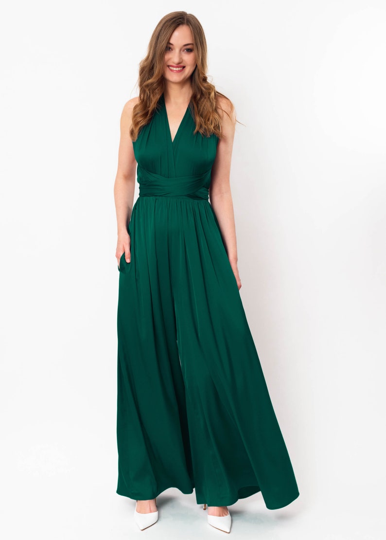 Dark green infinity jumpsuit, silk jumpsuit, bridesmaid jumpsuit, multi wrap multiway convertible jumpsuit, bridesmaid dress image 7