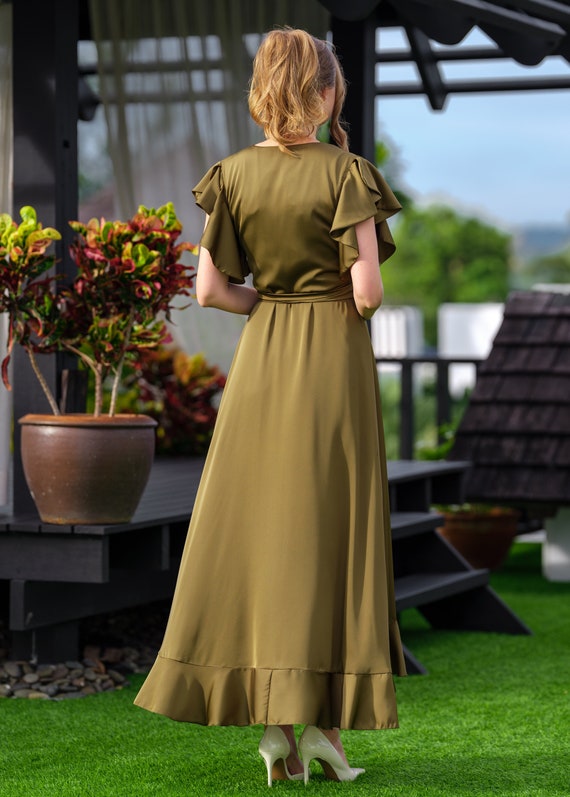Olive dress, silk dress, wrap dress, bridesmaid dress, wedding guest dress, women dress, maxi dress, evening dress, long dress