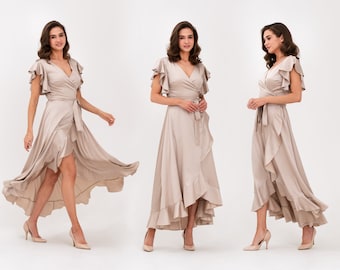 Champagne beige dress, silk dress, wrap dress, bridesmaid dress, wedding guest dress, women dress, maxi dress, evening dress, long dress