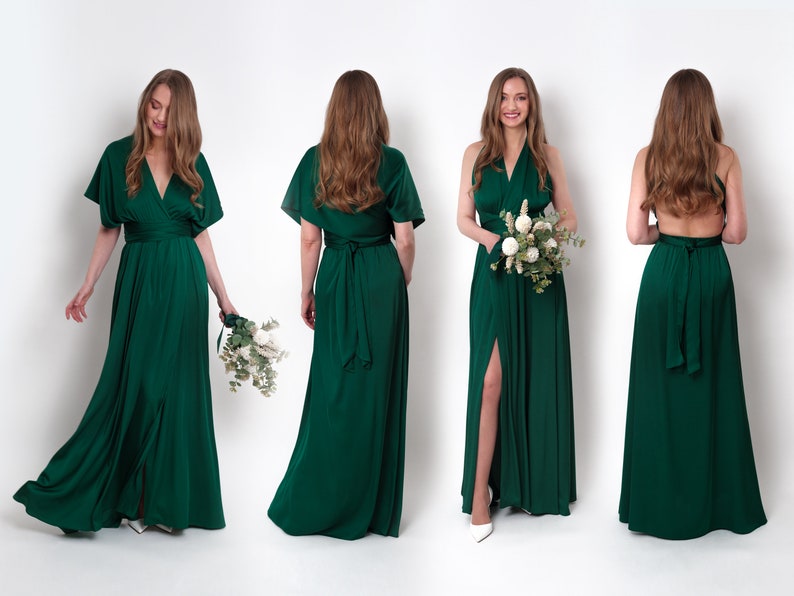Infinity-Schlitzkleid, dunkelgrünes Seidenkleid, Brautjungfernkleid, Seidensatinkleid, Multi-Wickelkleid, wandelbares Kleid, Multiway-Kleid Bild 9
