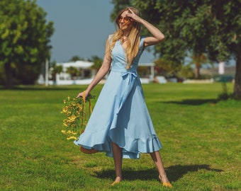 Blue cotton sleeveless wrap dress, bridesmaid dress, romantic dress, mid-calf dress, summer dress, asymmetrical vacation dress,holiday dress