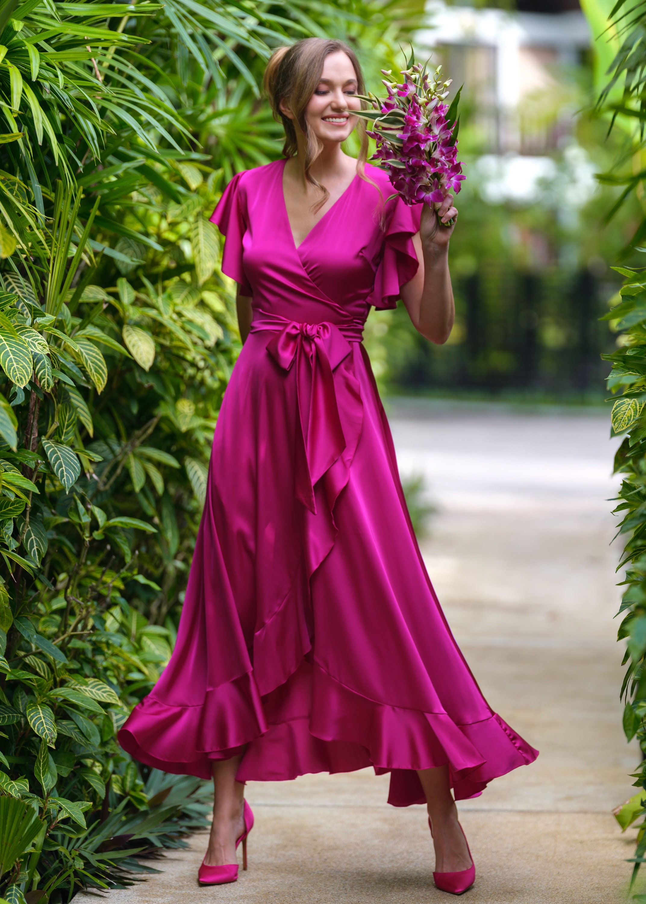 fuchsia dress bridesmaid Bow One Shoulder Satin Bridesmaid Dress