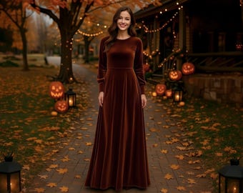 Rust Brown Velvet Halloween dress: fall gown with sleeves, Handmade vintage maxi dress, photoshoot outfit, autumn wedding