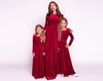 Mommy and me red long velvet dresses, Mother and Daughter dresses, photoshoot dress for mother and daughter, dresses for girls