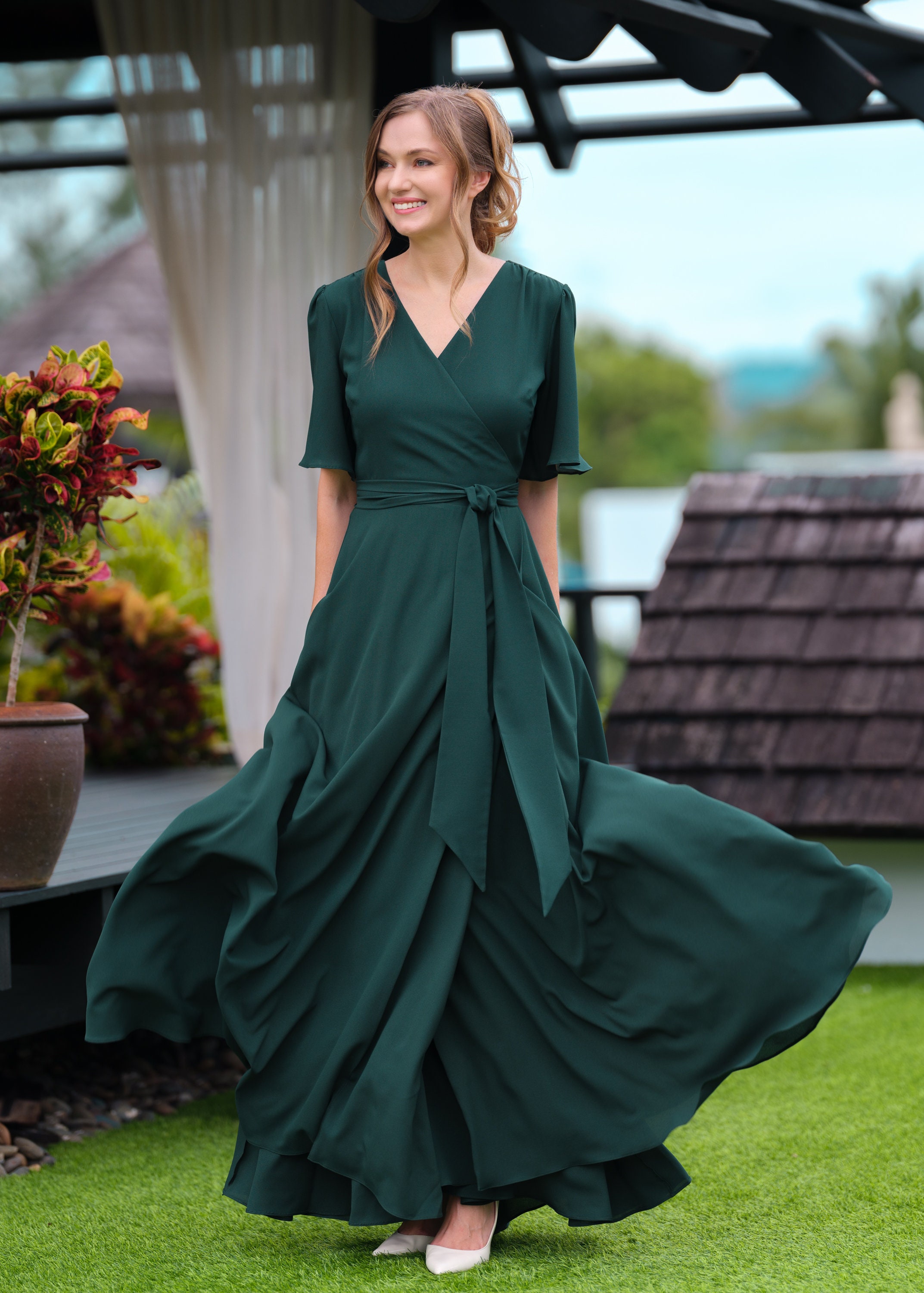 forest green bridesmaid dresses with sleeves Forest Green Bridesmaid Dress Chiffon Size XL