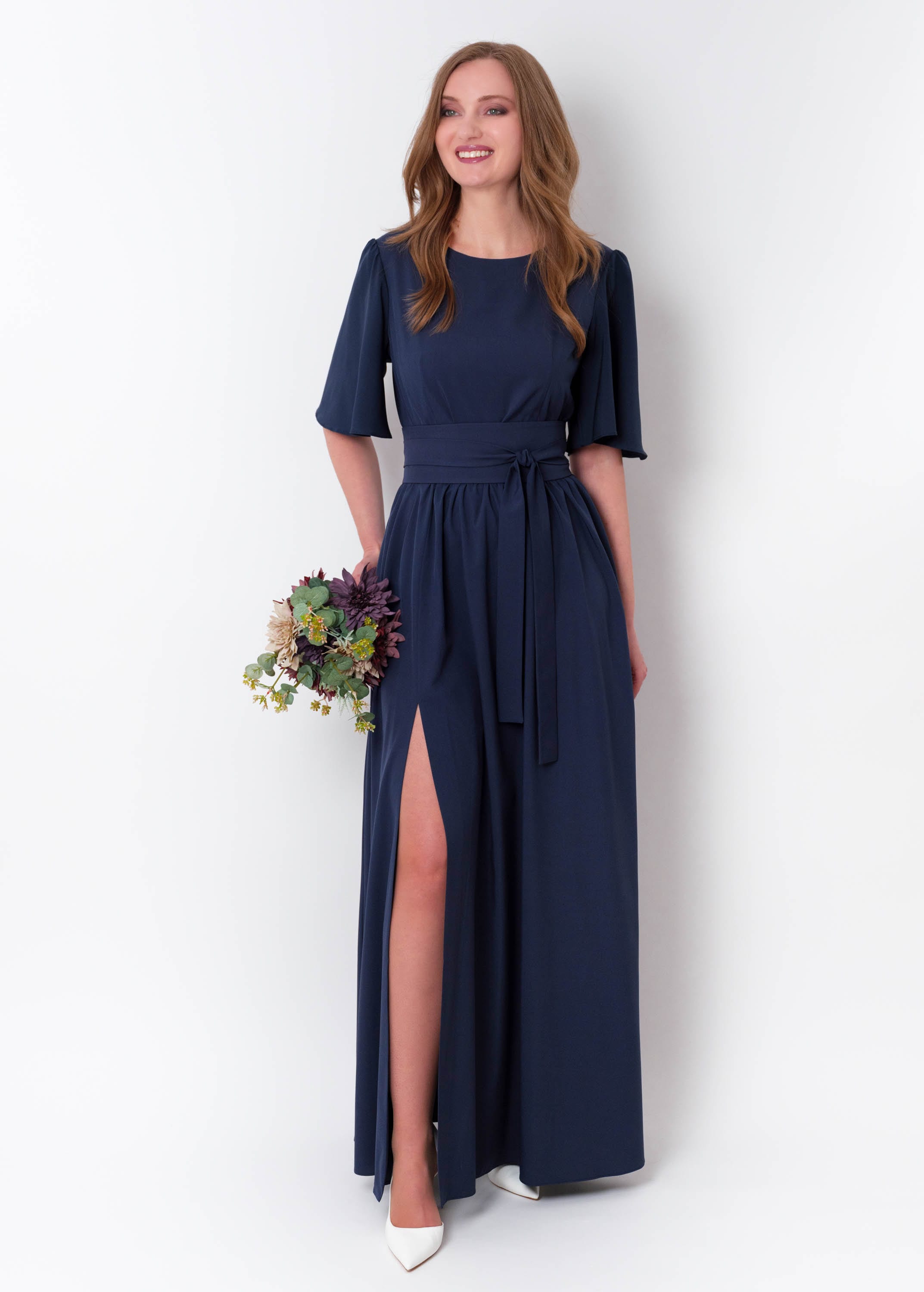 navy blue dress with slits Off Shoulder Simple Satin Navy Blue Long Formal Evening Dress With Slit Front