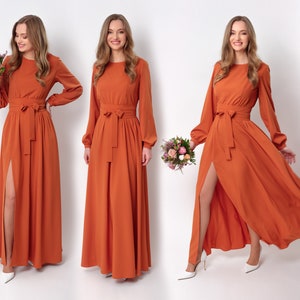 Rust orange long slit dress with belt, bridesmaid dress, cocktail dress, wedding guest dress, maxi party dress, formal dress, prom dress