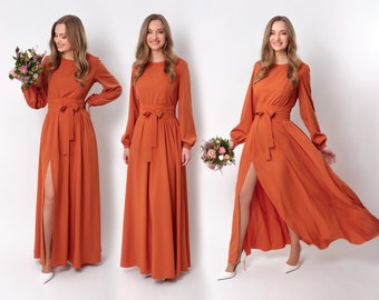 Rust orange long slit dress with belt, bridesmaid dress, cocktail dress, wedding guest dress, maxi party dress, formal dress, prom dress