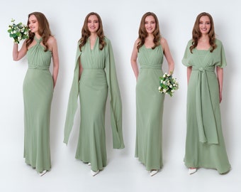 Sage green chiffon infinity bridesmaid dress, wedding guest dress, bridesmaids dress, chiffon long dress, convertible dress, evening dress