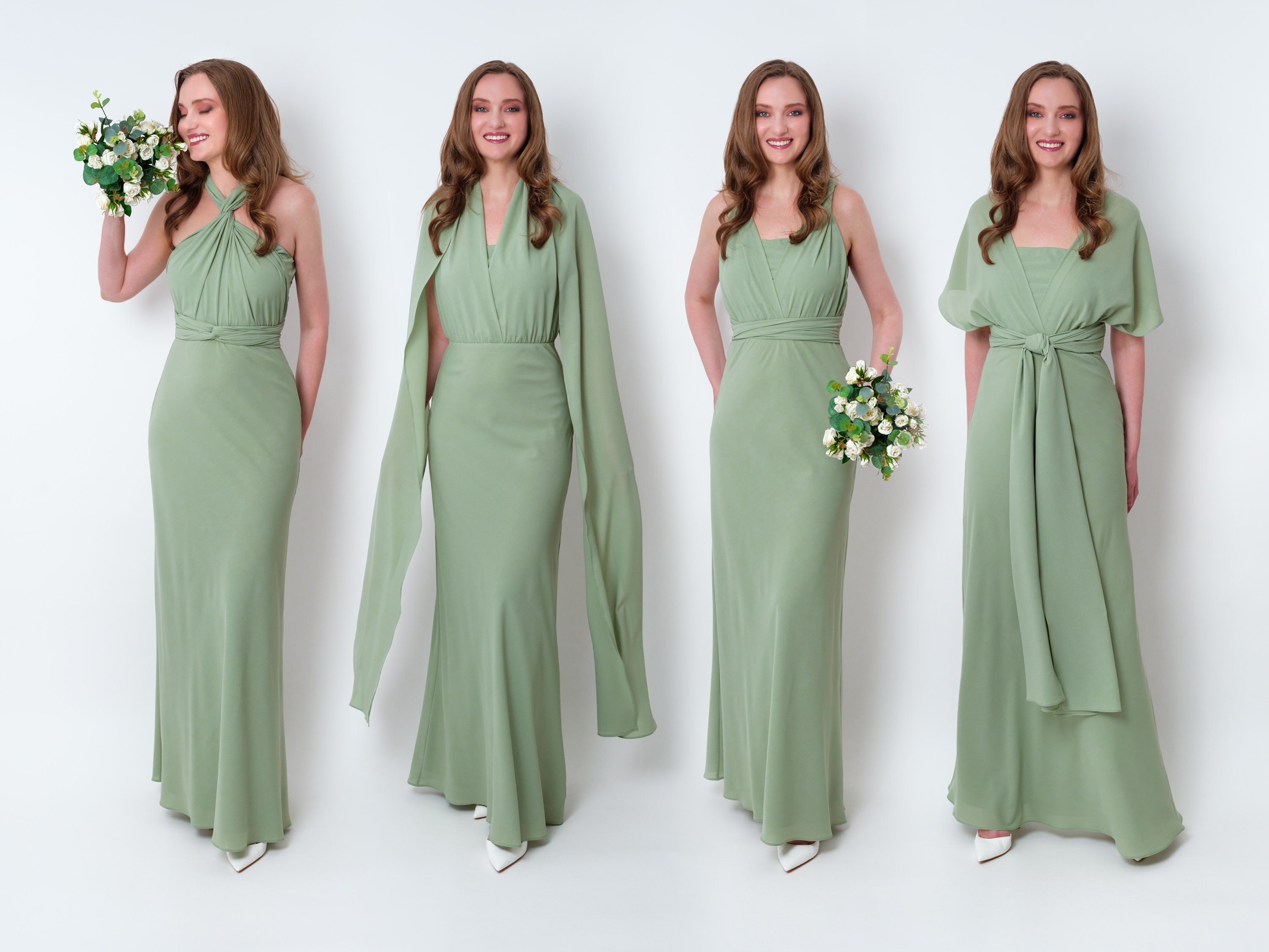 Sage green chiffon infinity bridesmaid dress wedding guest 