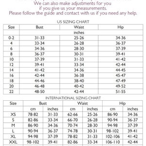 May include: A size chart for women's clothing with measurements in inches and centimeters. The chart includes sizes from XS to 7XL and lists bust, waist, and hip measurements for each size.