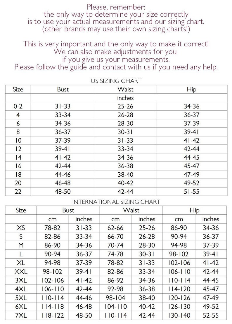 May include: A size chart for women's clothing with measurements in inches and centimeters. The chart includes sizes from XS to 7XL and lists bust, waist, and hip measurements for each size.