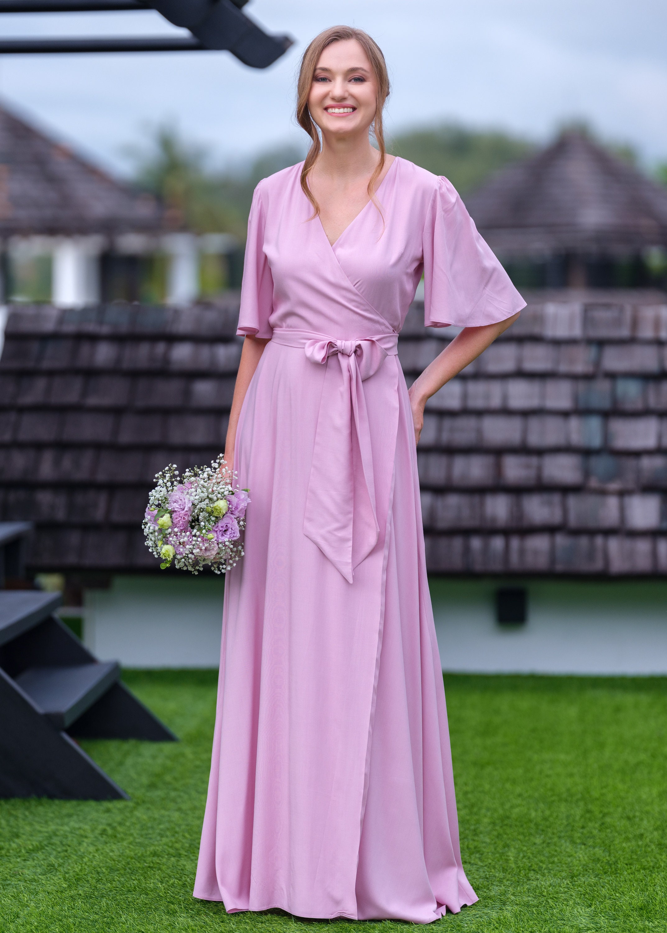 Rose Pink Romantic Wrap Dress, Bridesmaids Dress, Maxi Dress, Long Dress, Wedding Guest Dress, Formal Dress, Evening Summer Dress - Etsy Rose Pink Romantic Wrap Dress, Bridesmaids Dress, Maxi Dress, Long Dress, Wedding Guest Dress, Formal Dress, Evening Summer Dress - Etsy