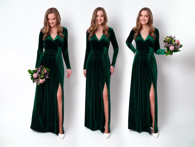 Emerald green velvet long dress, bridesmaid velvet dress, wedding dress, velvet bridesmaid dress, New Year dress, maxi dress, evening dress image 4