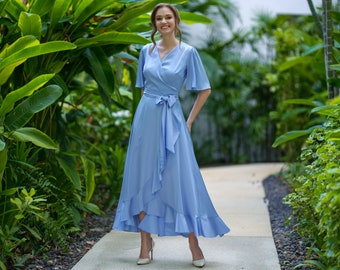 Silk dress in baby blue, wrap dress, bridesmaid dress, wedding guest dress, women dress, silk bridesmaid, evening dress, long dress