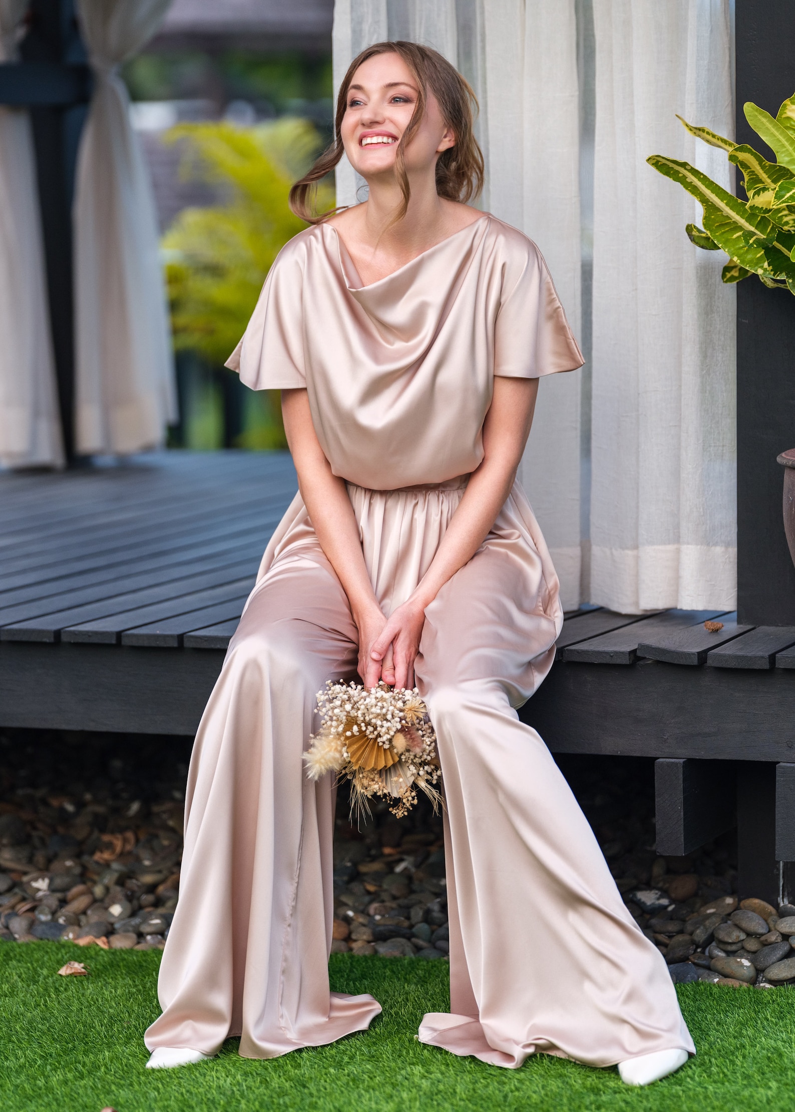 Champagne Beige Silk Jumpsuit, Silk Jumpsuit, Bridesmaid Jumpsuit
