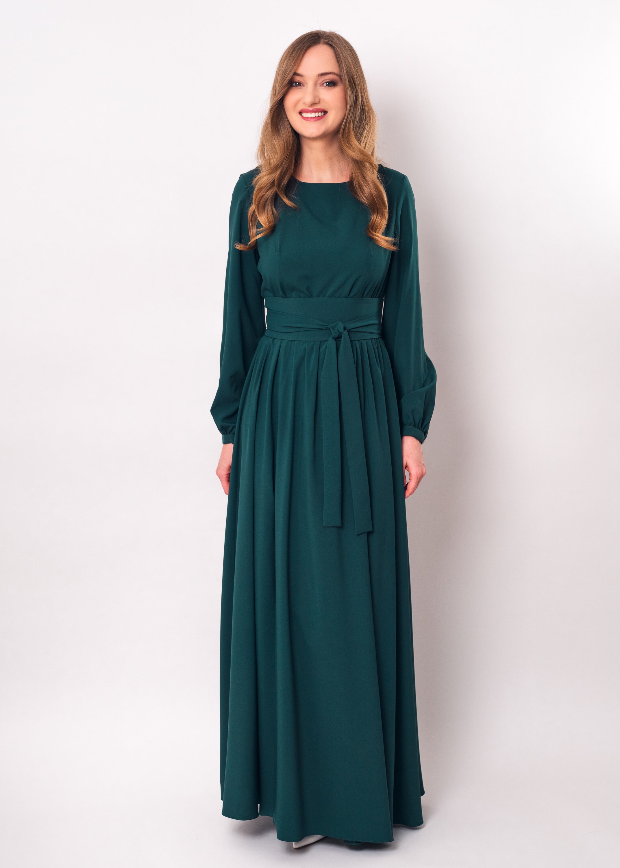 dark green dress with belt Long, Belted Dress in Pure Silk Dark Green