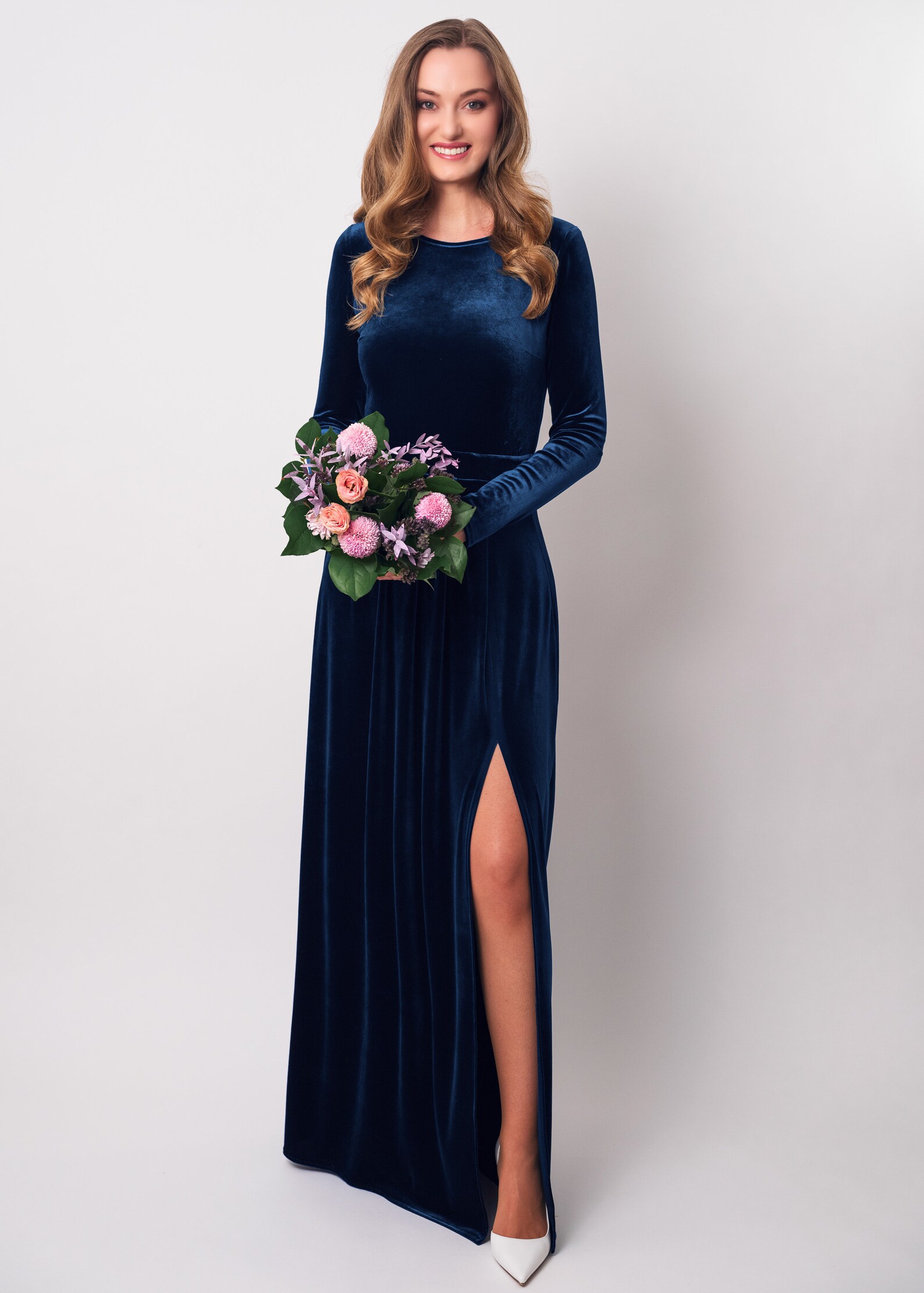 Navy Blue Velvet Long Dress Bridesmaid Velvet Dress Wedding Etsy