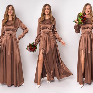 Cappuccino silk dress with belt, long slit dress, bridesmaid dress, wedding guest dress, maxi dress, evening dress, formal dress