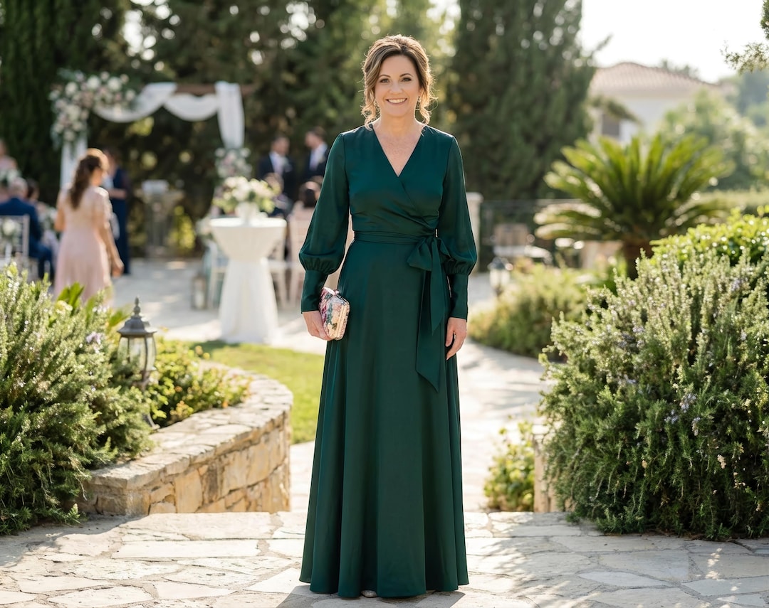 Dark Green Silk Wrap Dress, Mother of the Bride or Groom Gown, Wedding Guest Outfit - Etsy Dark Green Silk Wrap Dress, Mother of the Bride or Groom Gown, Wedding Guest Outfit - Etsy
